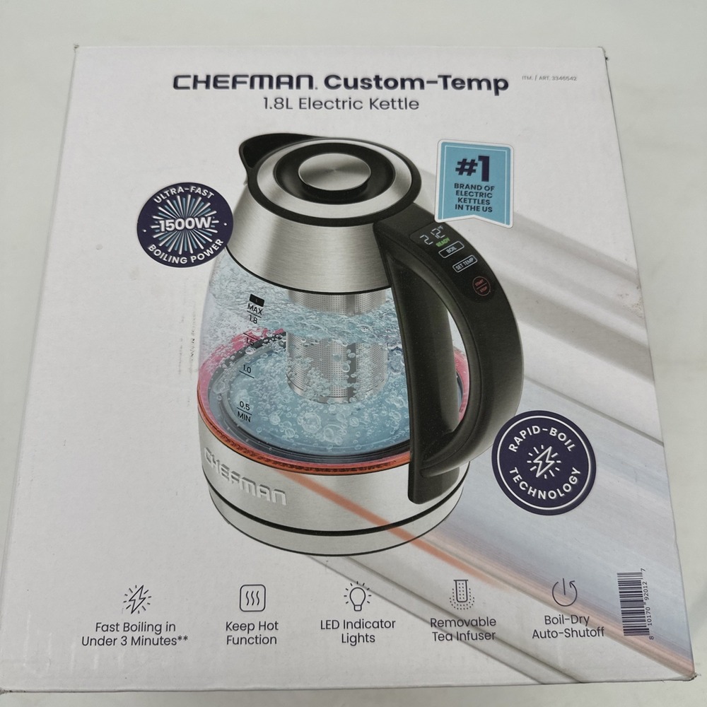 Chefman 1.8L Electric Kettle Custom Temp Rapid Boil with Tea Infuser 1500W New